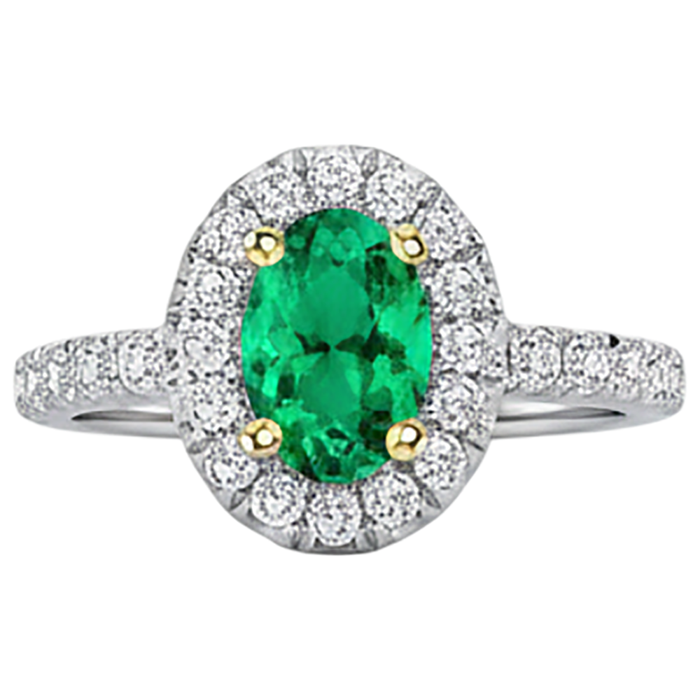 Oval Cut Colombian Emerald ring in Two-Tone 14K Gold – top view