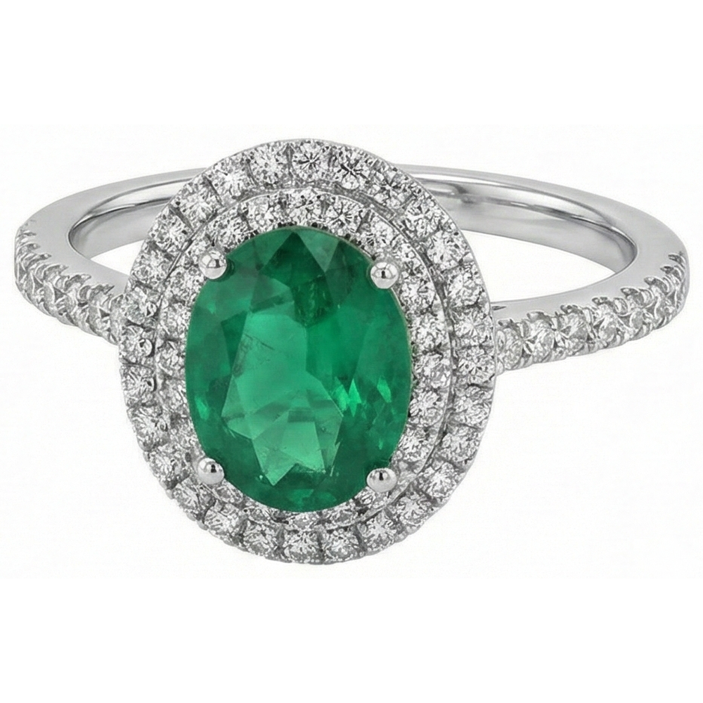 Oval Cut Green Emerald Halo Round Natural Earth Mined Diamond ( Not Lab Grown )  Gemstone Ring 4.35 Carat WG 14K