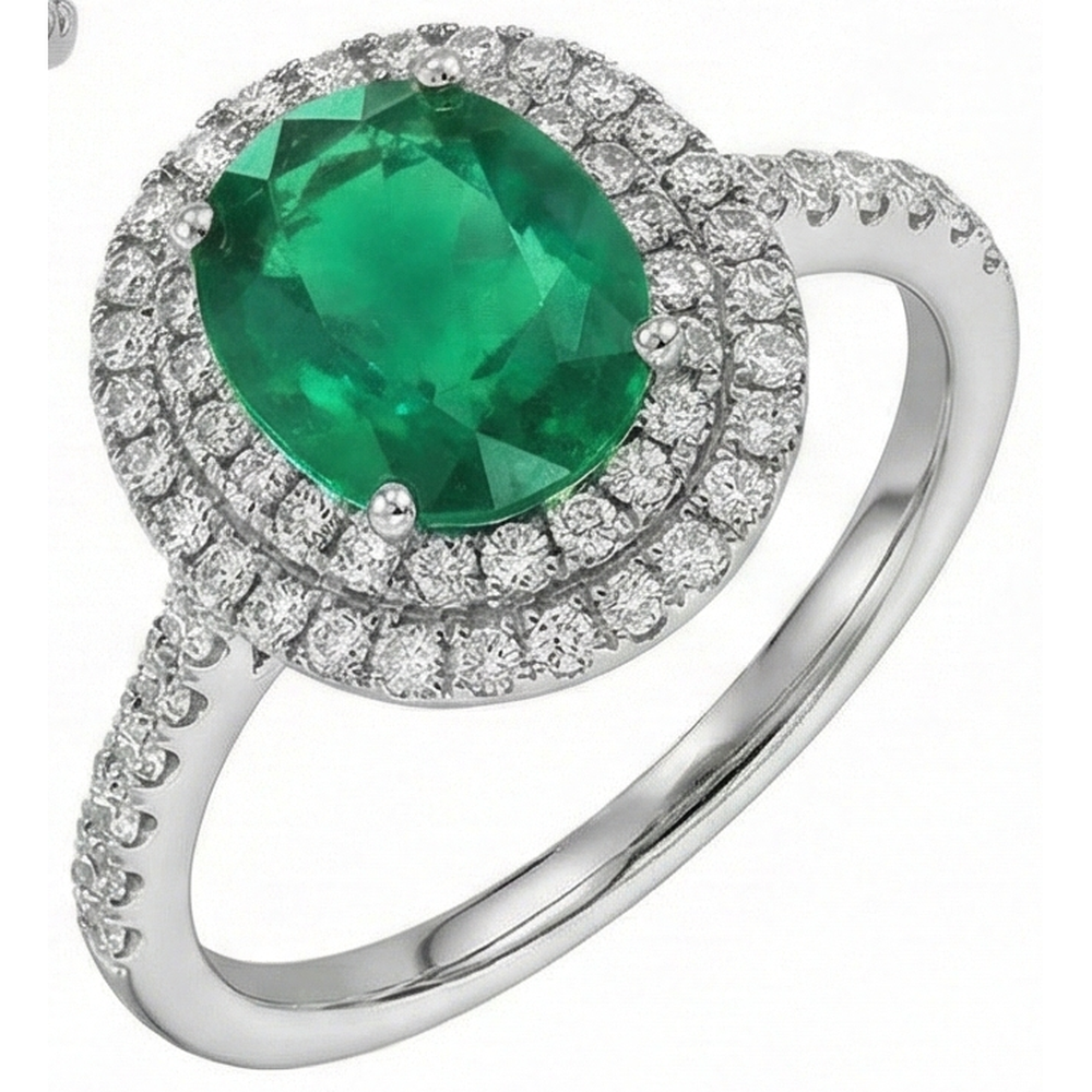Oval Cut Green Emerald Halo Round Natural Earth Mined Diamond ( Not Lab Grown )  Gemstone Ring 4.35 Carat WG 14K