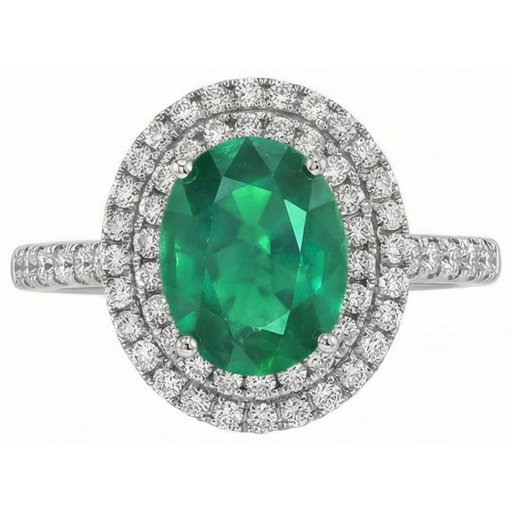 Oval Cut Green Emerald Halo Round Natural Earth Mined Diamond ( Not Lab Grown )  Gemstone Ring 4.35 Carat WG 14K