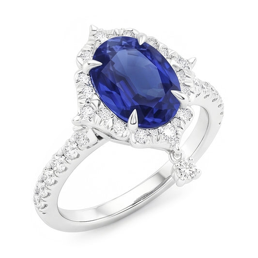 Oval Cut Halo Ceylon Sapphire Engagement Ring 5.50 Carats White Gold