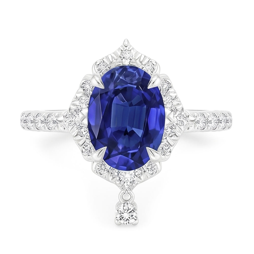 Oval Cut Halo Ceylon Sapphire Engagement Ring 5.50 Carats White Gold