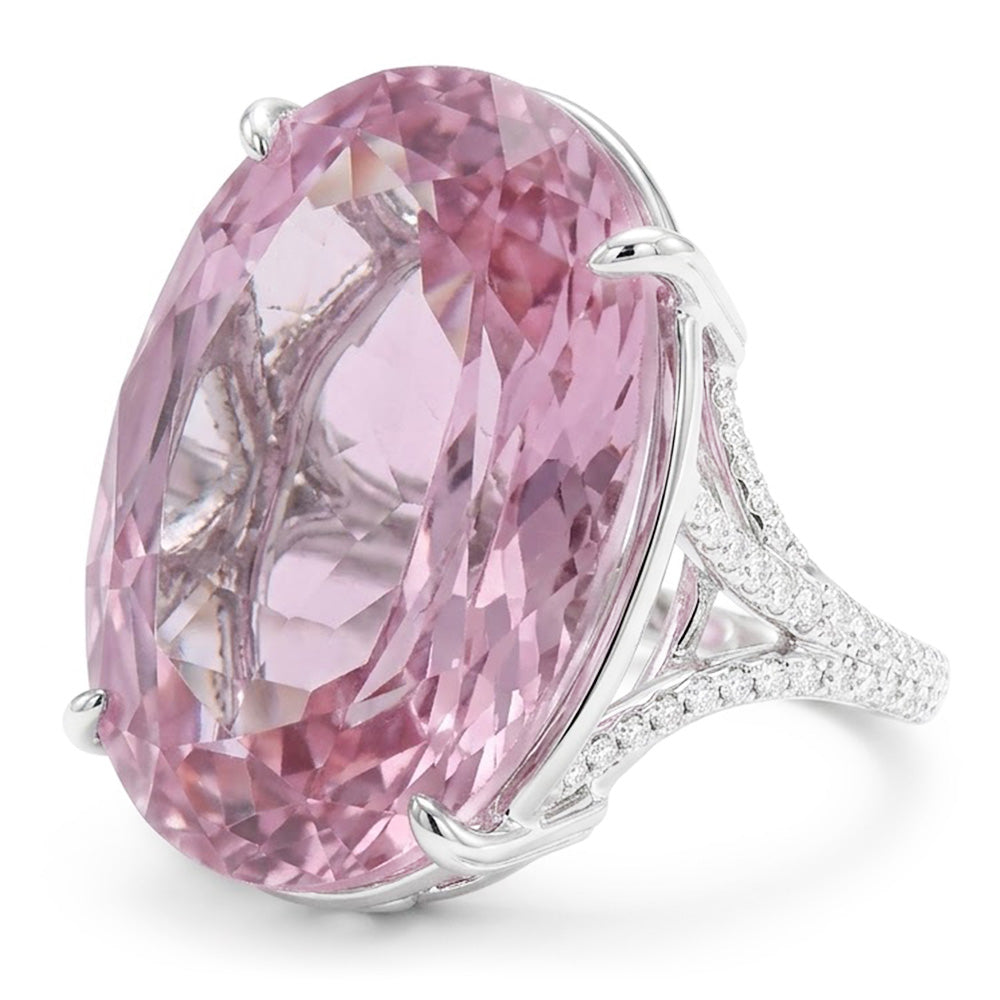 Oval Cut Pink Kunzite Natural Earth Mined Diamond ( Not Lab Grown ) Gemstone Ring 20.50 Ct White Gold 14K