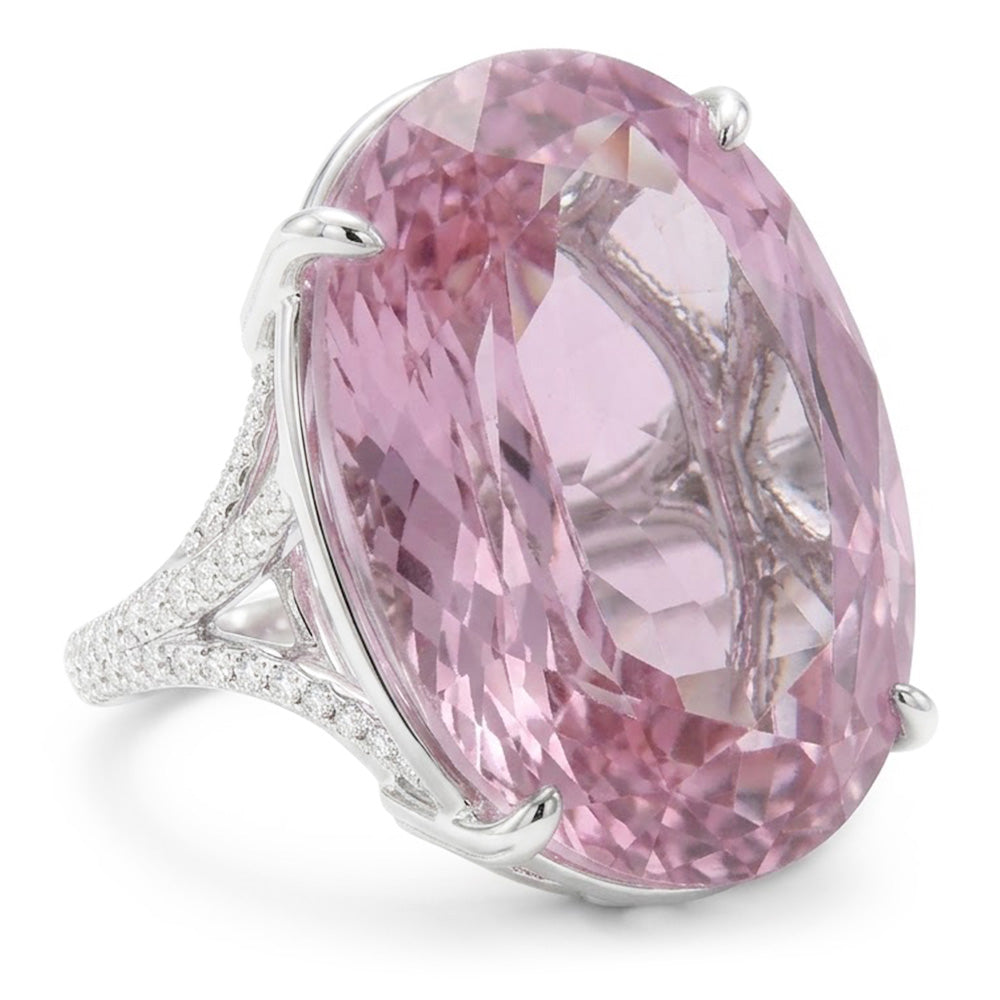 Oval Cut Pink Kunzite Natural Earth Mined Diamond ( Not Lab Grown ) Gemstone Ring 20.50 Ct White Gold 14K