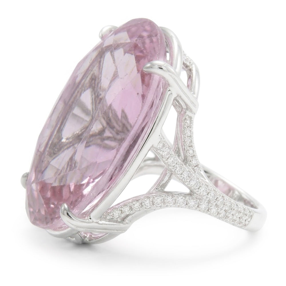 Oval Cut Pink Kunzite Natural Earth Mined Diamond ( Not Lab Grown ) Gemstone Ring 20.50 Ct White Gold 14K