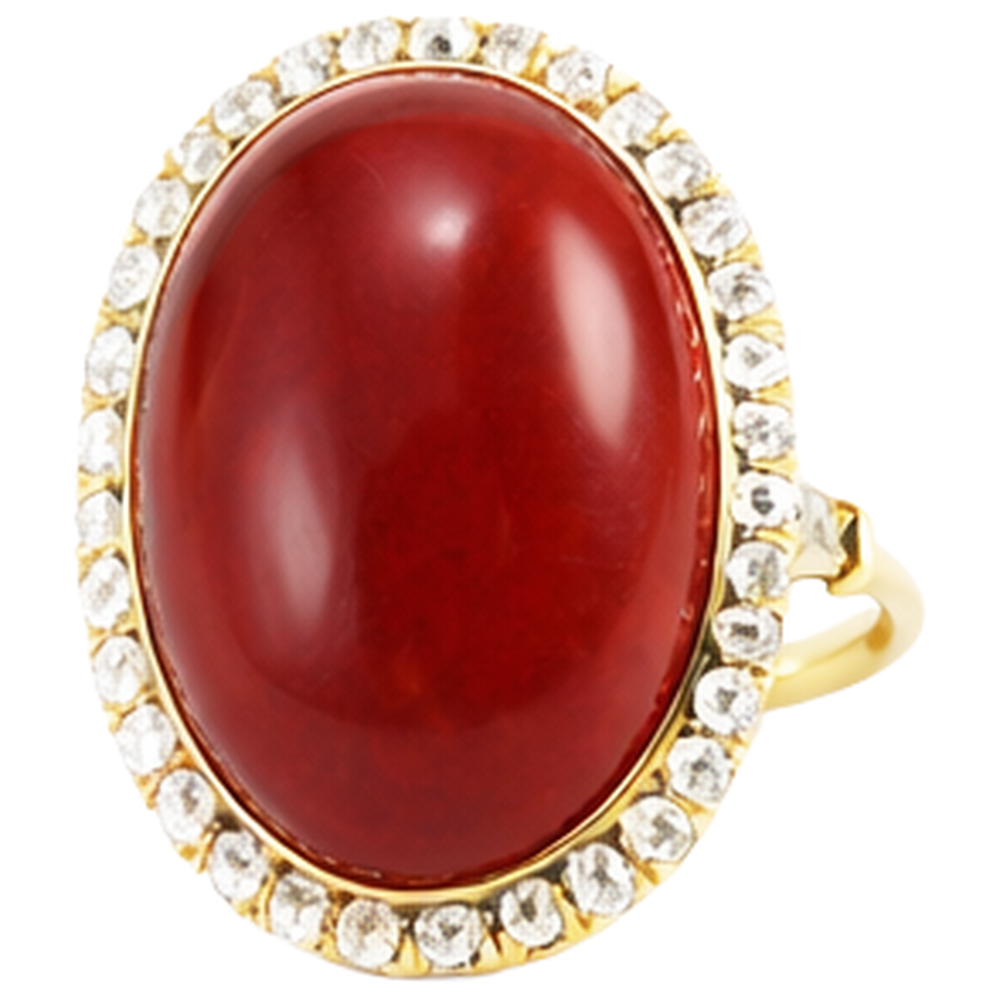Oval Cut Red Coral And Round Natural Earth Mined Diamond ( Not Lab Grown )s 14 Ct Ring Yellow Gold 14K
