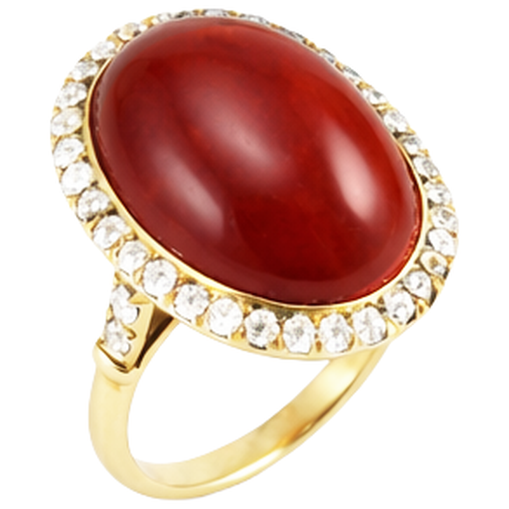 Oval Cut Red Coral And Round Natural Earth Mined Diamond ( Not Lab Grown )s 14 Ct Ring Yellow Gold 14K