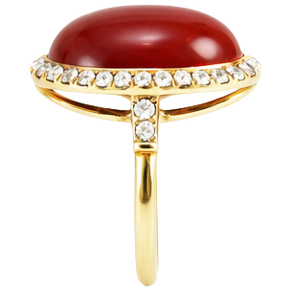 Oval Cut Red Coral And Round Natural Earth Mined Diamond ( Not Lab Grown )s 14 Ct Ring Yellow Gold 14K
