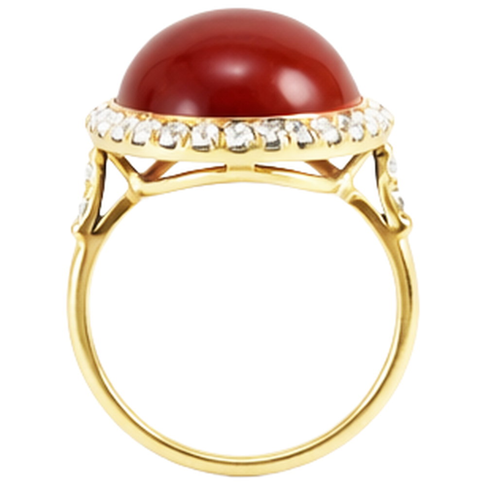 Oval Cut Red Coral And Round Natural Earth Mined Diamond ( Not Lab Grown )s 14 Ct Ring Yellow Gold 14K