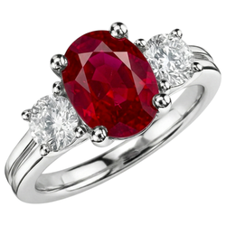 Oval Cut Red Ruby And Natural Earth Mined Diamond ( Not Lab Grown )  Three Stone Ring Gold 14K 1.80 Carats