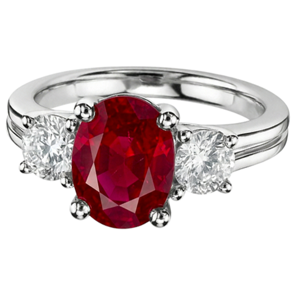Oval Cut Red Ruby And Natural Earth Mined Diamond ( Not Lab Grown )  Three Stone Ring Gold 14K 1.80 Carats