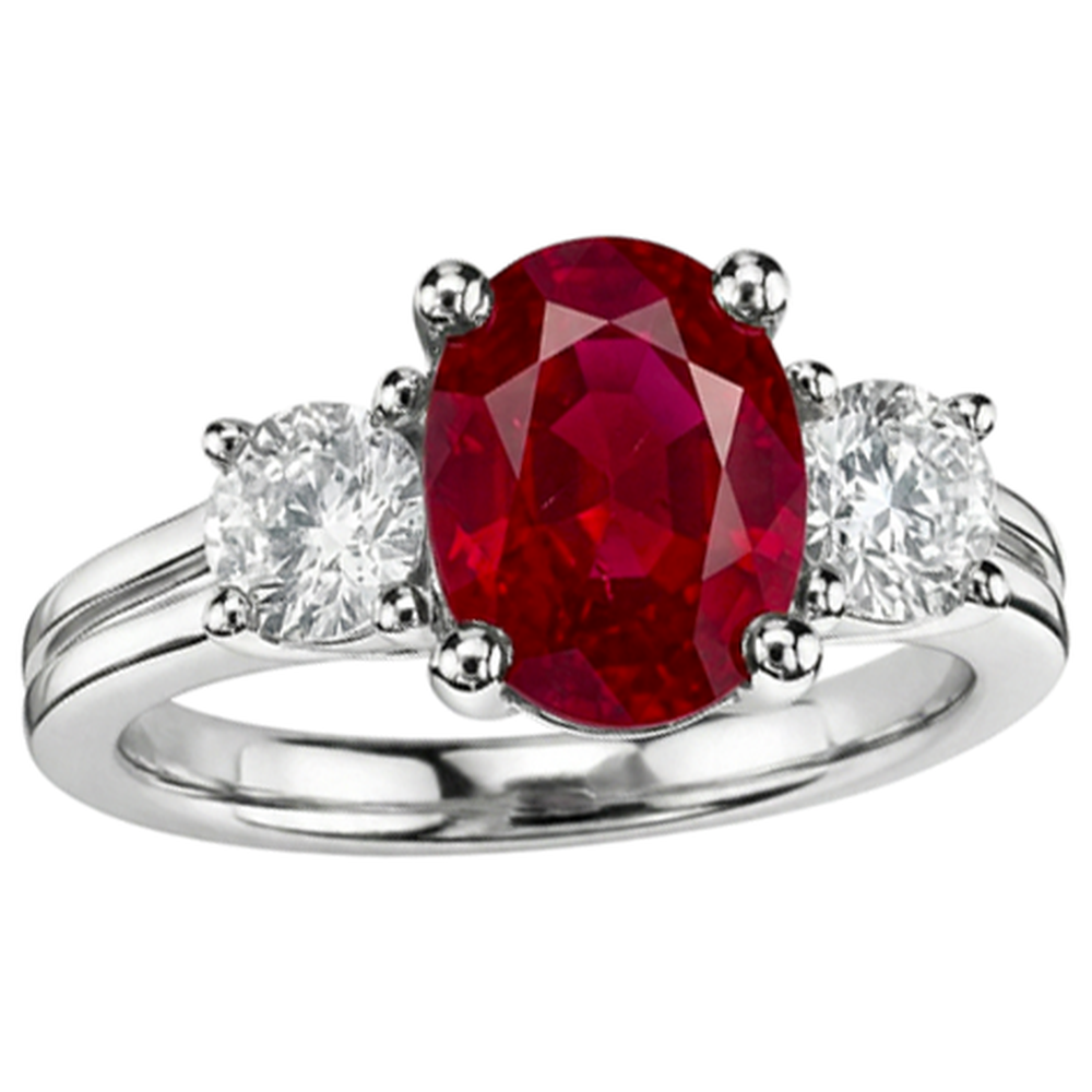 Oval Cut Red Ruby And Natural Earth Mined Diamond ( Not Lab Grown )  Three Stone Ring Gold 14K 1.80 Carats