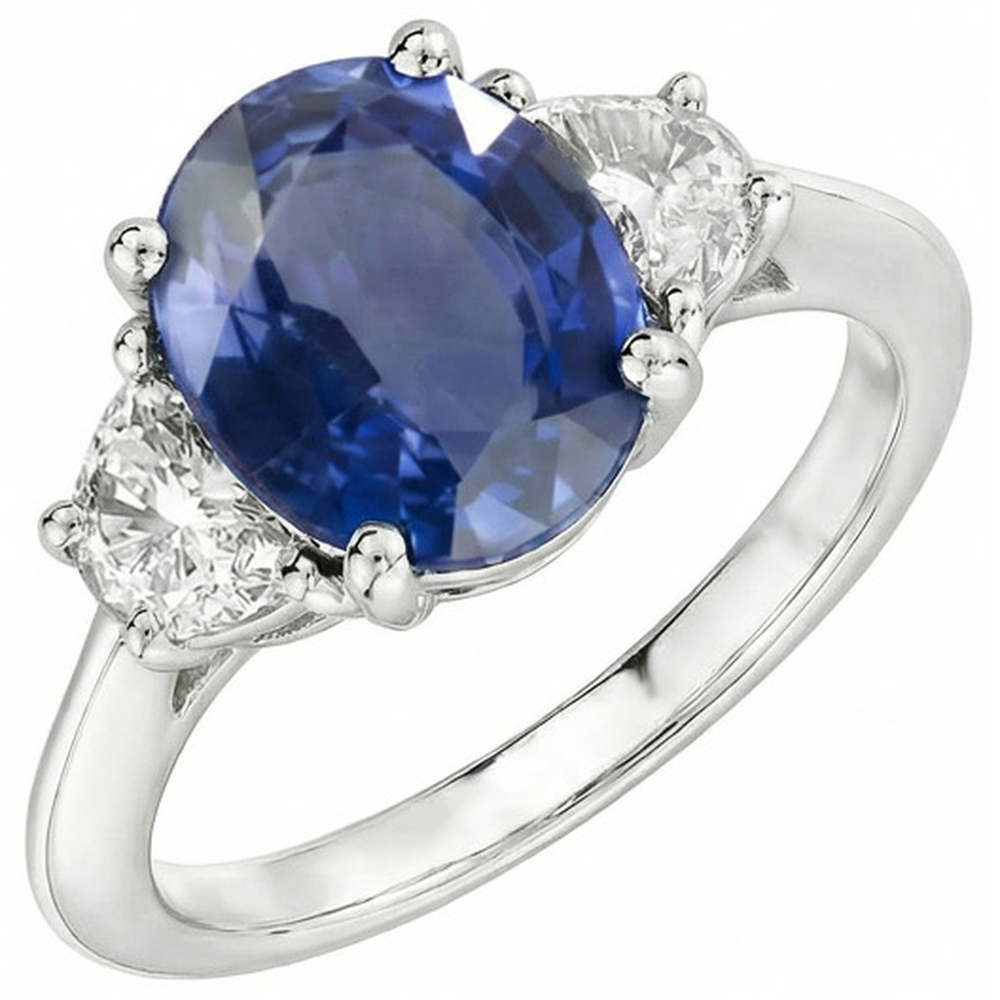 Oval Cut Sri Lanka Sapphire & Natural Earth Mined Diamond ( Not Lab Grown )  3 Stone Ring 2 Carats WG 14K