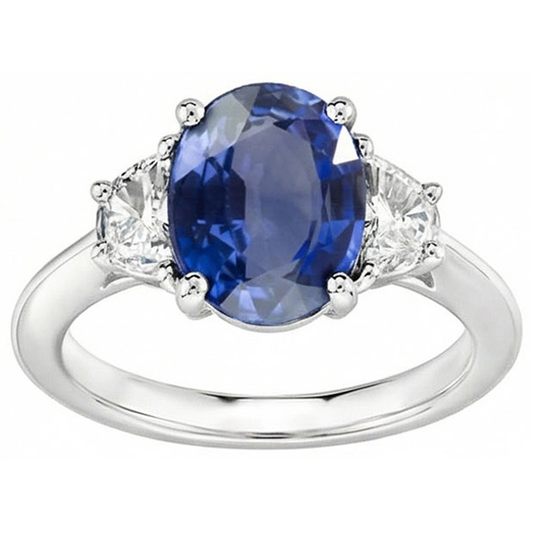 Oval Cut Sri Lanka Sapphire & Natural Earth Mined Diamond ( Not Lab Grown )  3 Stone Ring 2 Carats WG 14K