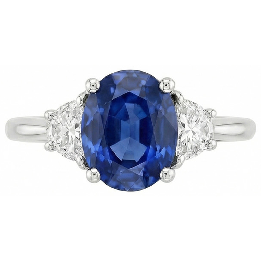 Oval Cut Sri Lanka Sapphire & Natural Earth Mined Diamond ( Not Lab Grown )  3 Stone Ring 2 Carats WG 14K