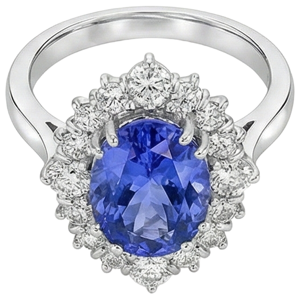 Oval Cut Tanzanite With Round Natural Earth Mined Diamond ( Not Lab Grown )s 5.20 Ct Ring White Gold 14K