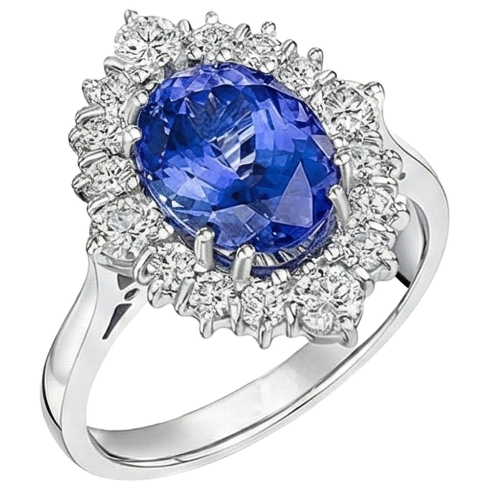 Oval Cut Tanzanite With Round Natural Earth Mined Diamond ( Not Lab Grown )s 5.20 Ct Ring White Gold 14K