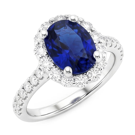 Oval Deep Blue Sapphire Halo Wedding Ring 6 Carats White Gold