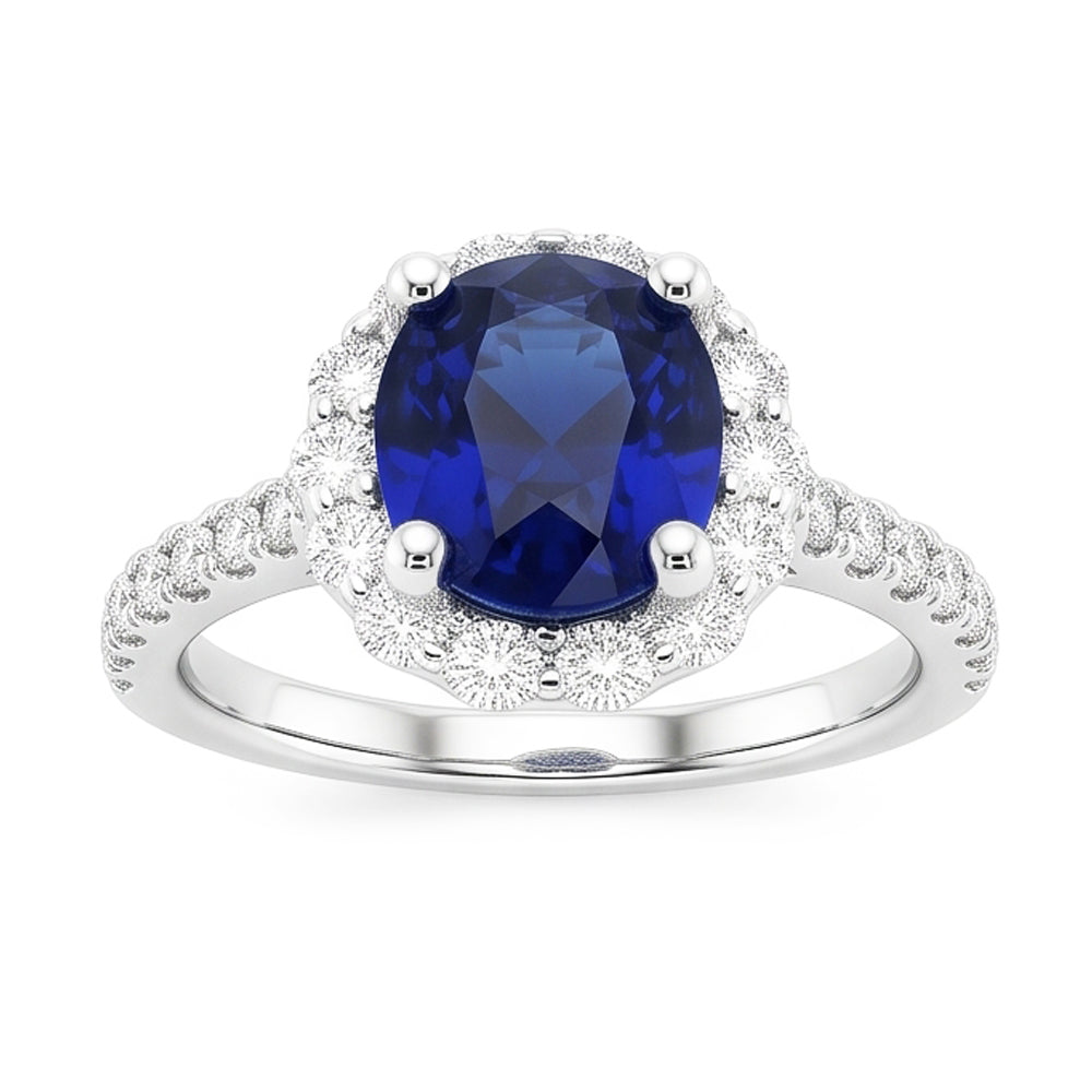 Oval Deep Blue Sapphire Halo Wedding Ring 6 Carats White Gold