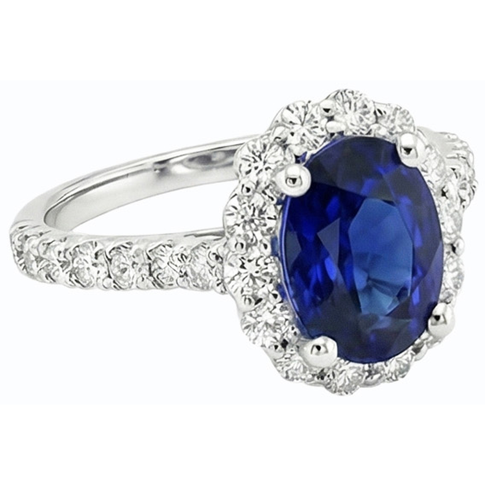 Oval Deep Blue Sapphire Halo Wedding Ring 6 Carats White Gold