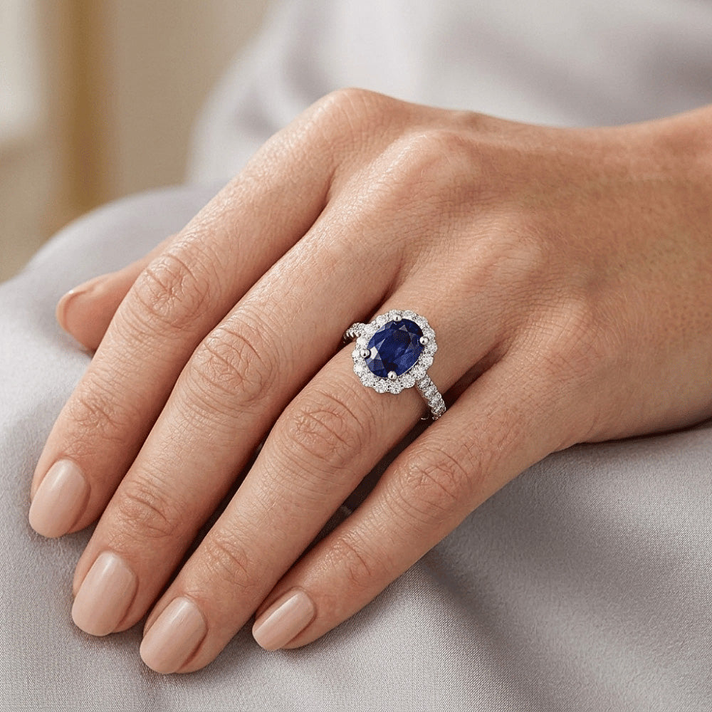Oval Deep Blue Sapphire Halo Wedding Ring 6 Carats White Gold
