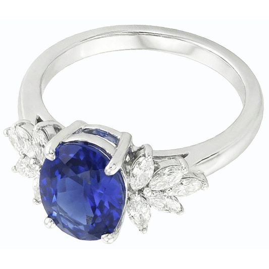 Oval Gemstone Blue Sapphire Ring With Marquise Natural Earth Mined Diamond ( Not Lab Grown )s 3.50 Carats