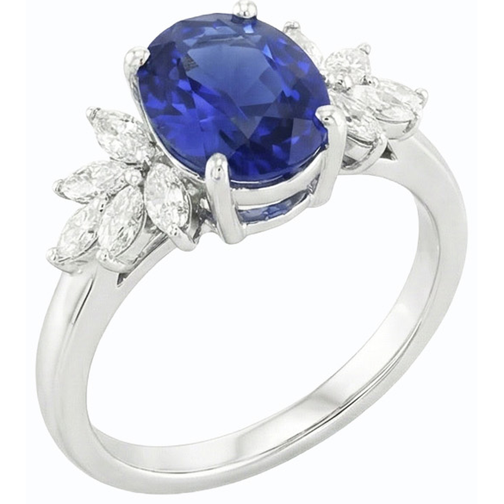 Oval Gemstone Blue Sapphire Ring With Marquise Natural Earth Mined Diamond ( Not Lab Grown )s 3.50 Carats