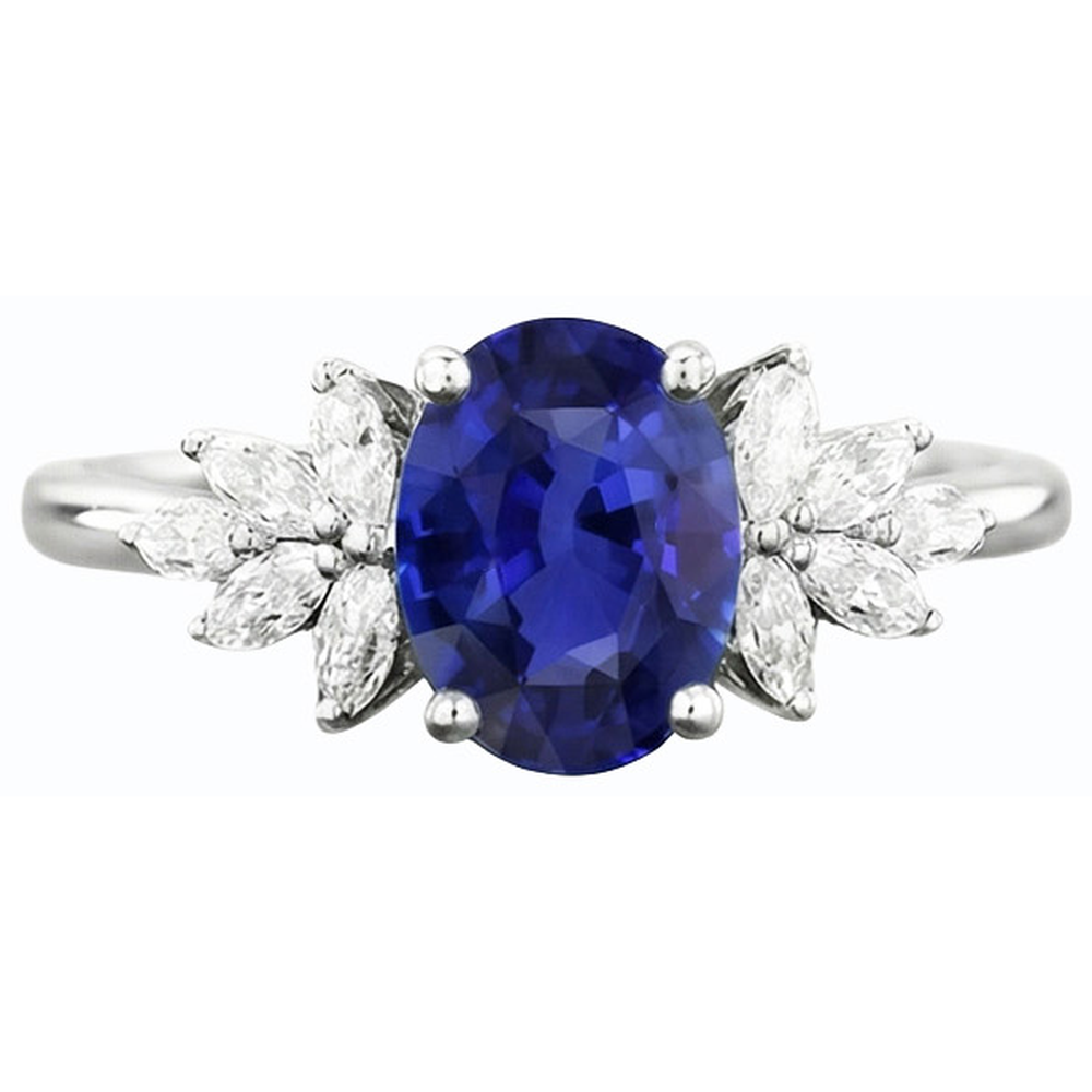 Oval Gemstone Blue Sapphire Ring With Marquise Natural Earth Mined Diamond ( Not Lab Grown )s 3.50 Carats