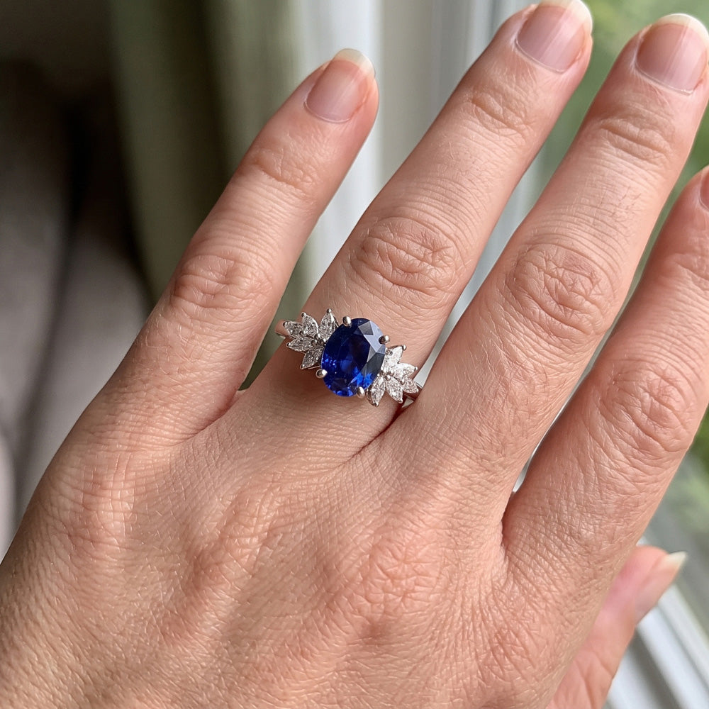 Oval Gemstone Blue Sapphire Ring With Marquise Natural Earth Mined Diamond ( Not Lab Grown )s 3.50 Carats