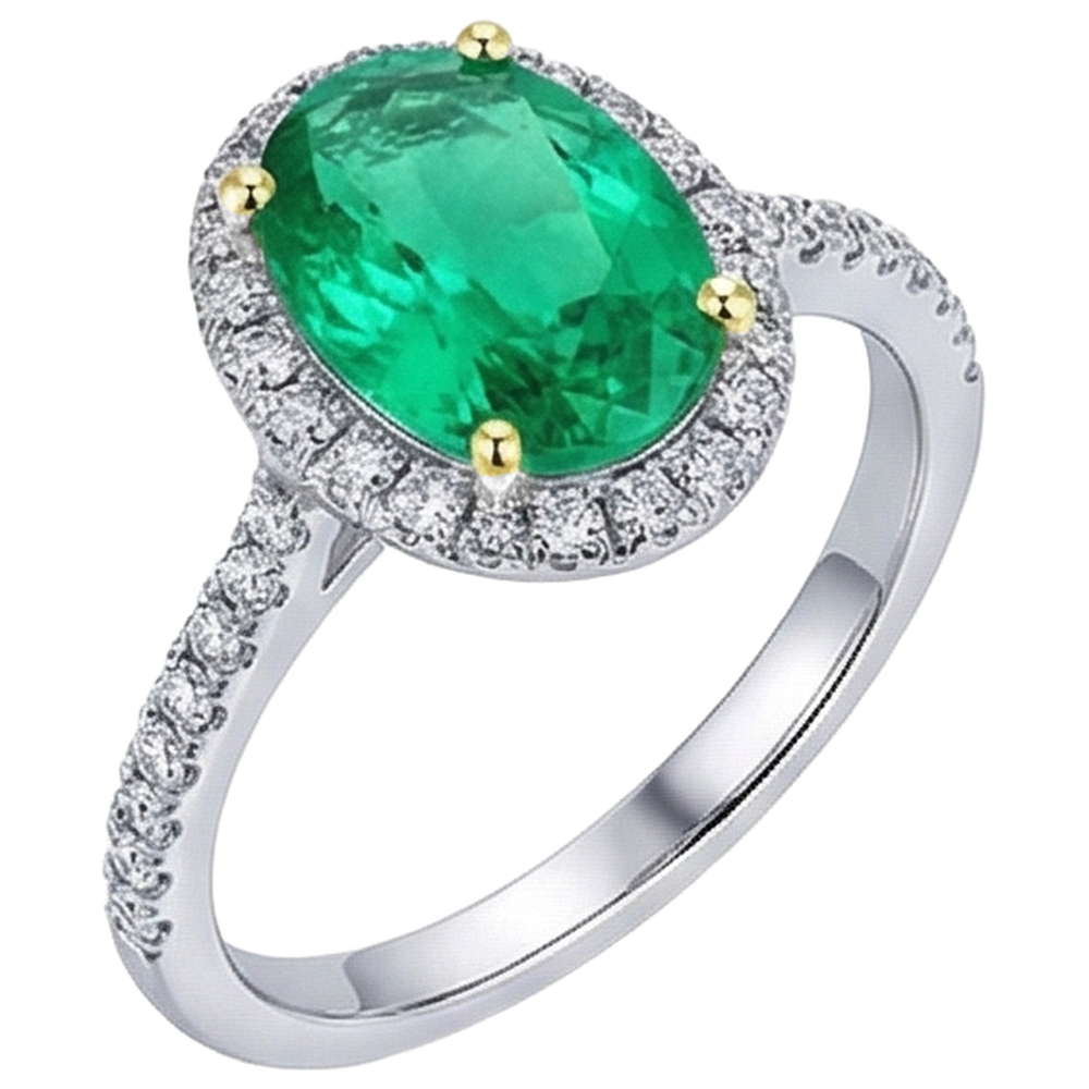 Fine Emerald Oval Gemstone Ring in 14 Karat Two Tone Gold – front view