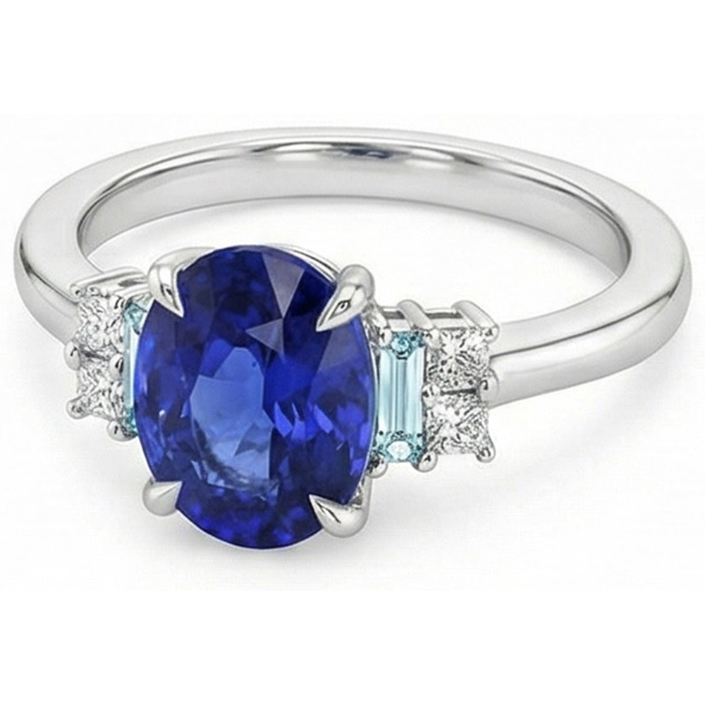 Oval Gemstone Ring Ceylon Sapphire Jewelry With Accents 4 Carats Gold