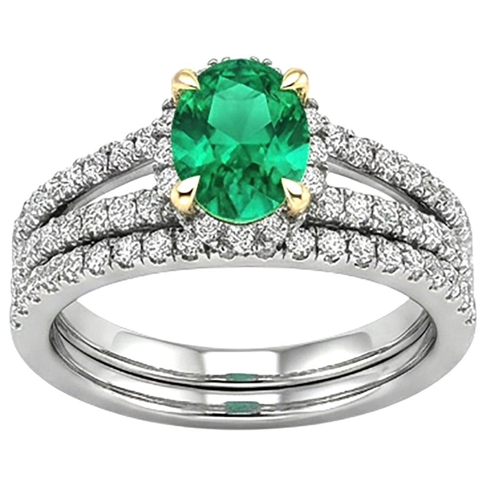 Emerald Oval Precious Stone Ring in 14 Karat Two Tone Gold – profile view