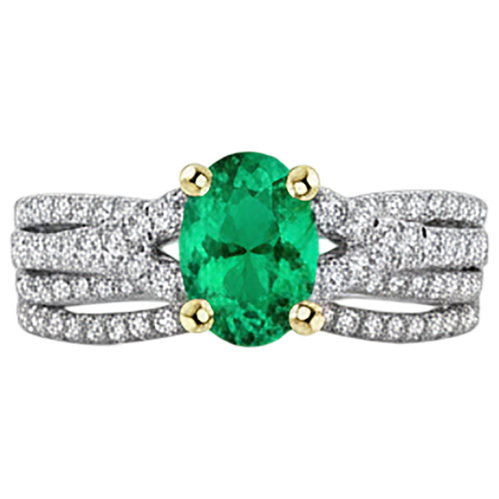 Fine Emerald Oval Cut Gemstone Ring in 14K Two Tone Gold – front view