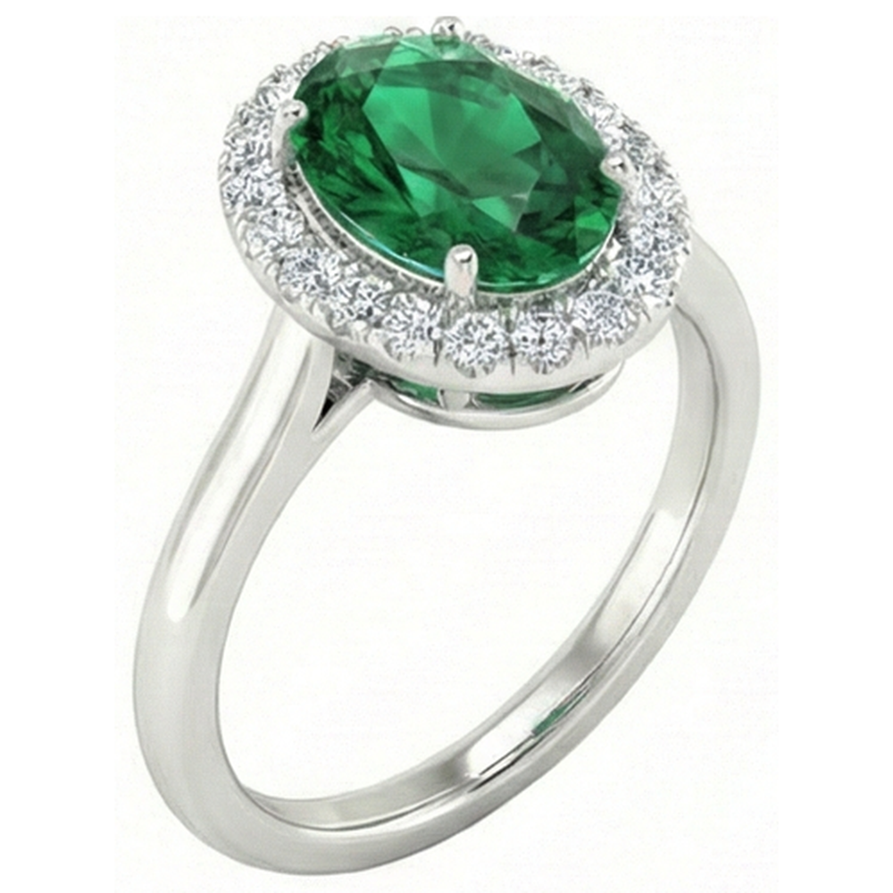 Oval Green Emerald With Round Natural Earth Mined Diamond ( Not Lab Grown ) 4.50 Carats Anniversary Ring