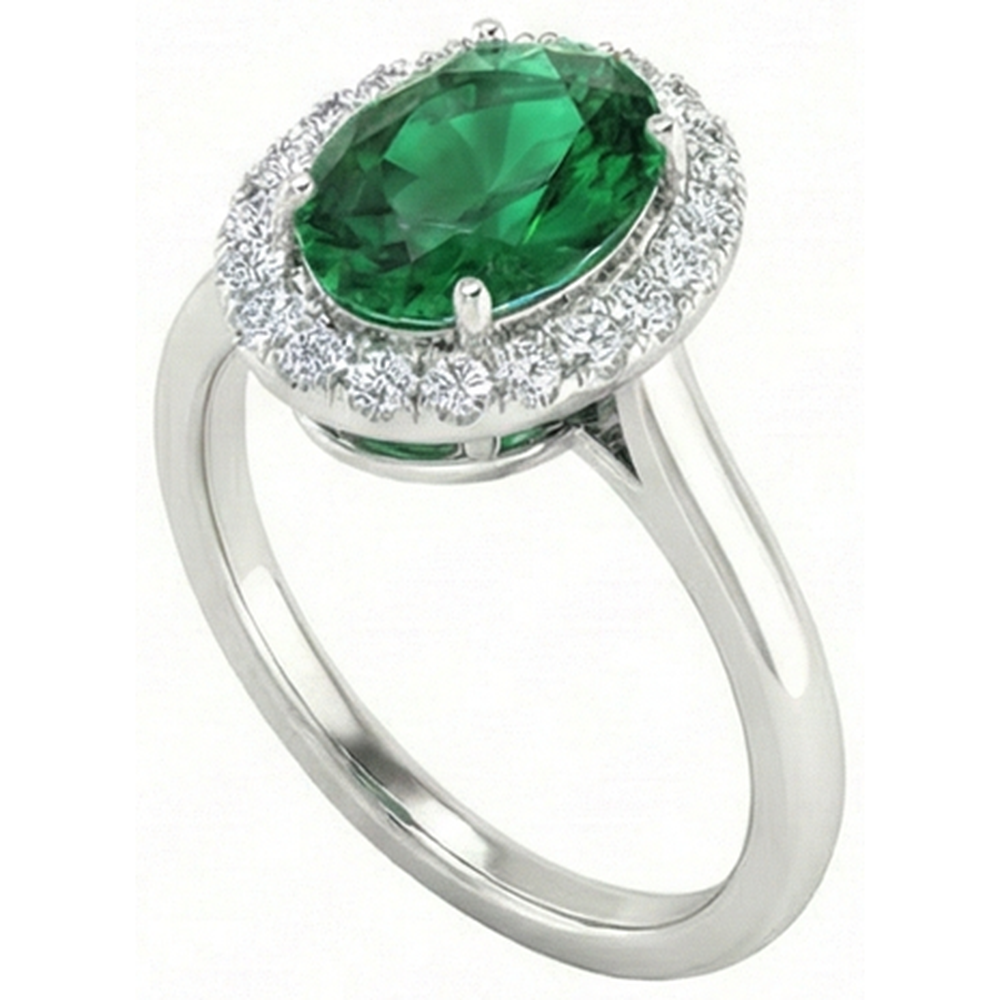 Oval Green Emerald With Round Natural Earth Mined Diamond ( Not Lab Grown ) 4.50 Carats Anniversary Ring