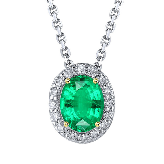 Colombian Emerald Oval Precious Stone Pendant in Two-Tone 14K Gold – main view