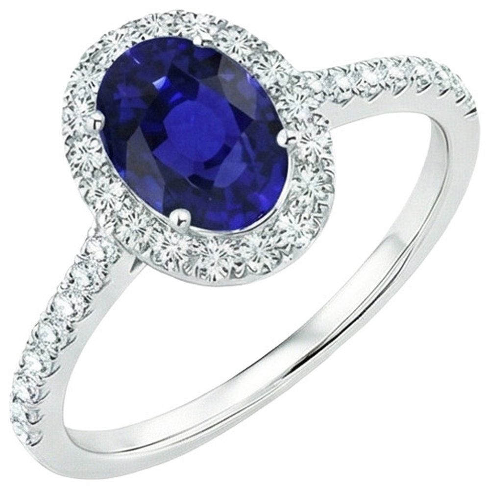 Oval Natural Earth Mined Diamond ( Not Lab Grown ) Halo Engagement Ring 5.50 Carats Ceylon Sapphire Accented