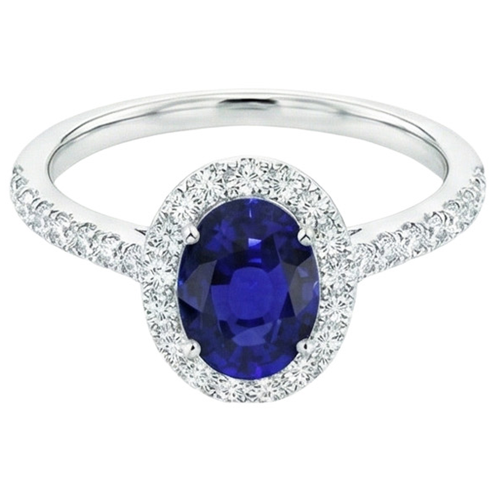 Oval Natural Earth Mined Diamond ( Not Lab Grown ) Halo Engagement Ring 5.50 Carats Ceylon Sapphire Accented