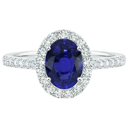 Oval Natural Earth Mined Diamond ( Not Lab Grown ) Halo Engagement Ring 5.50 Carats Ceylon Sapphire Accented