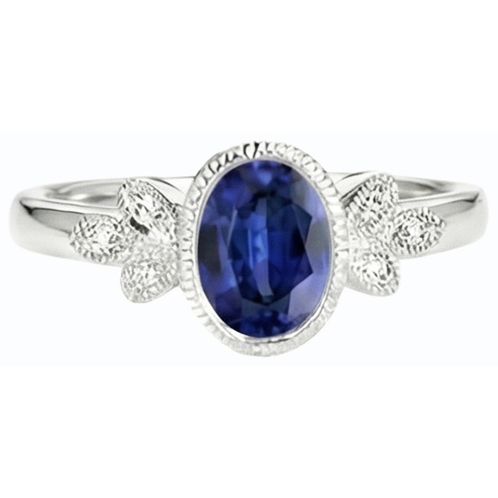 Oval Natural Earth Mined Diamond ( Not Lab Grown ) Ring Bezel Set Blue Sapphire 3 Carats Antique Style Gold