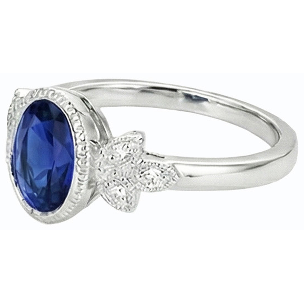 Oval Natural Earth Mined Diamond ( Not Lab Grown ) Ring Bezel Set Blue Sapphire 3 Carats Antique Style Gold