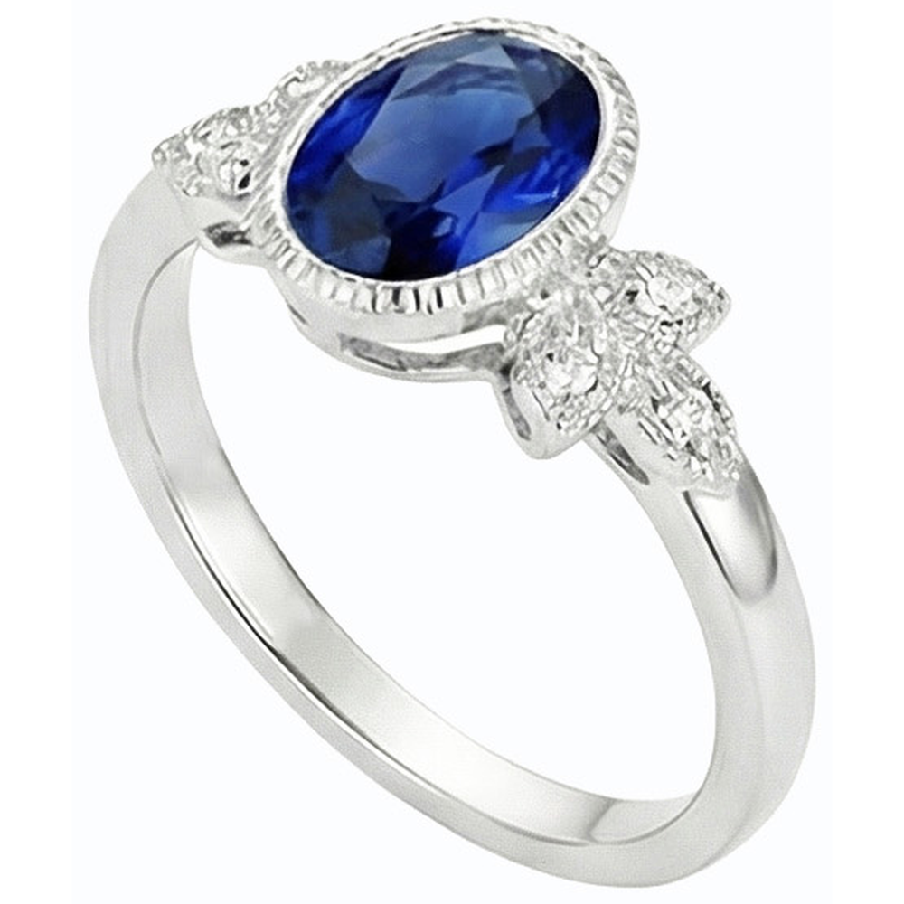 Oval Natural Earth Mined Diamond ( Not Lab Grown ) Ring Bezel Set Blue Sapphire 3 Carats Antique Style Gold