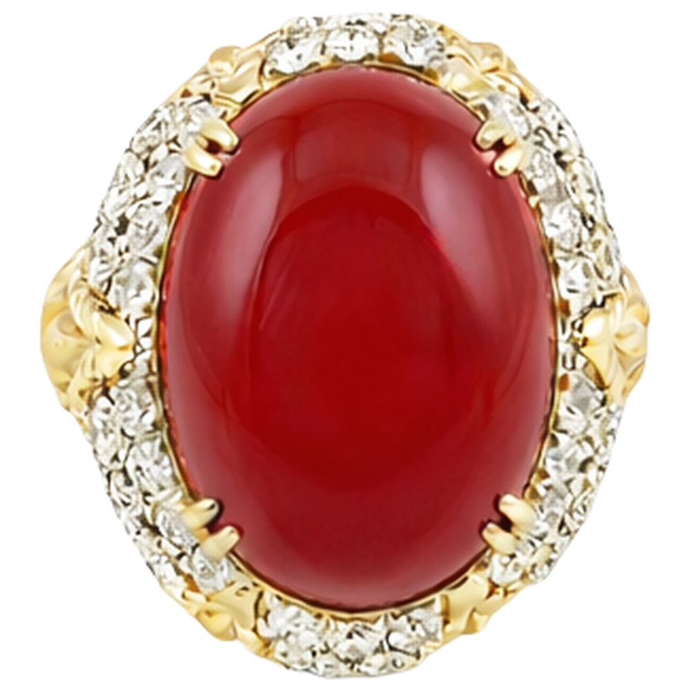Oval Red Coral With Natural Earth Mined Diamond ( Not Lab Grown )s 11.20 Ct Wedding Ring 14K Yellow Gold 14K