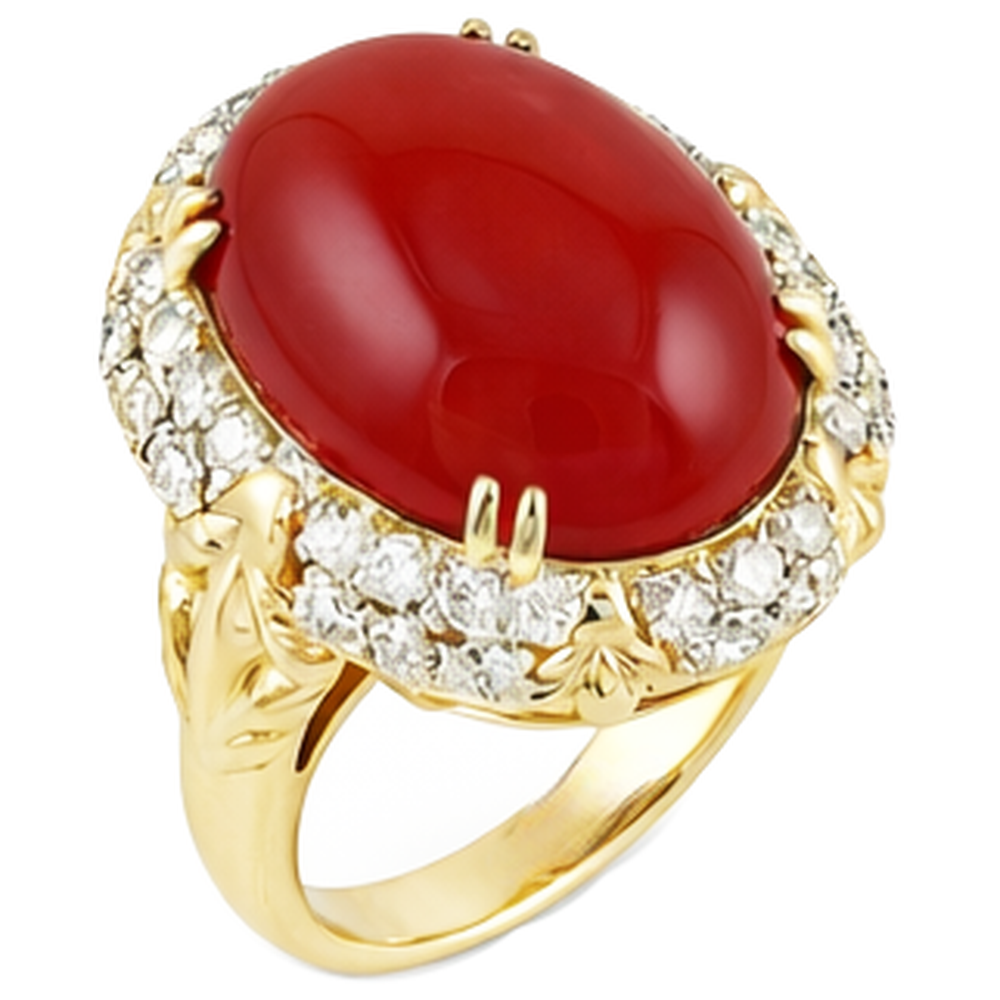 Oval Red Coral With Natural Earth Mined Diamond ( Not Lab Grown )s 11.20 Ct Wedding Ring 14K Yellow Gold 14K