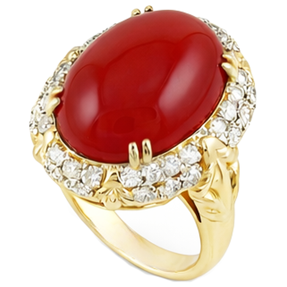 Oval Red Coral With Natural Earth Mined Diamond ( Not Lab Grown )s 11.20 Ct Wedding Ring 14K Yellow Gold 14K