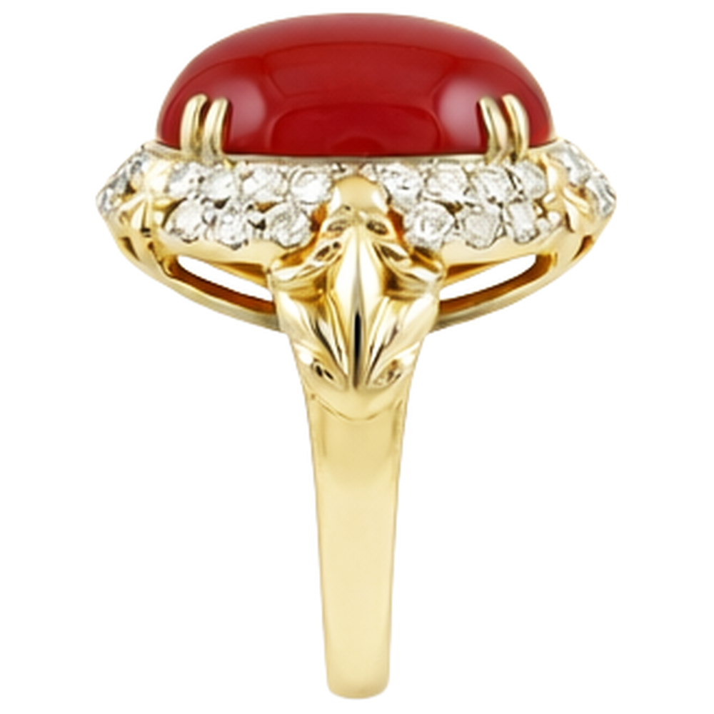 Oval Red Coral With Natural Earth Mined Diamond ( Not Lab Grown )s 11.20 Ct Wedding Ring 14K Yellow Gold 14K