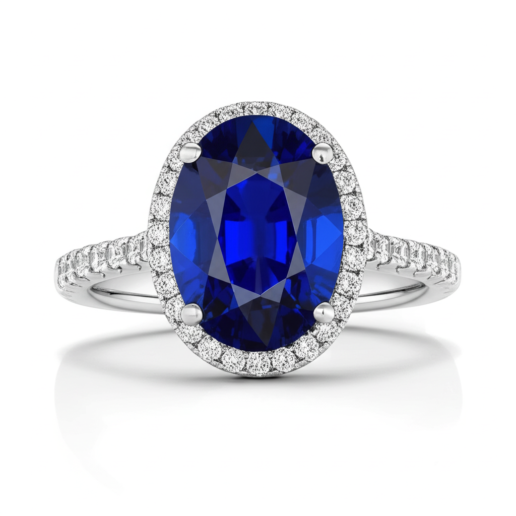 Oval Sapphire Engagement Ring With Natural Earth Mined Diamond ( Not Lab Grown ) Halo