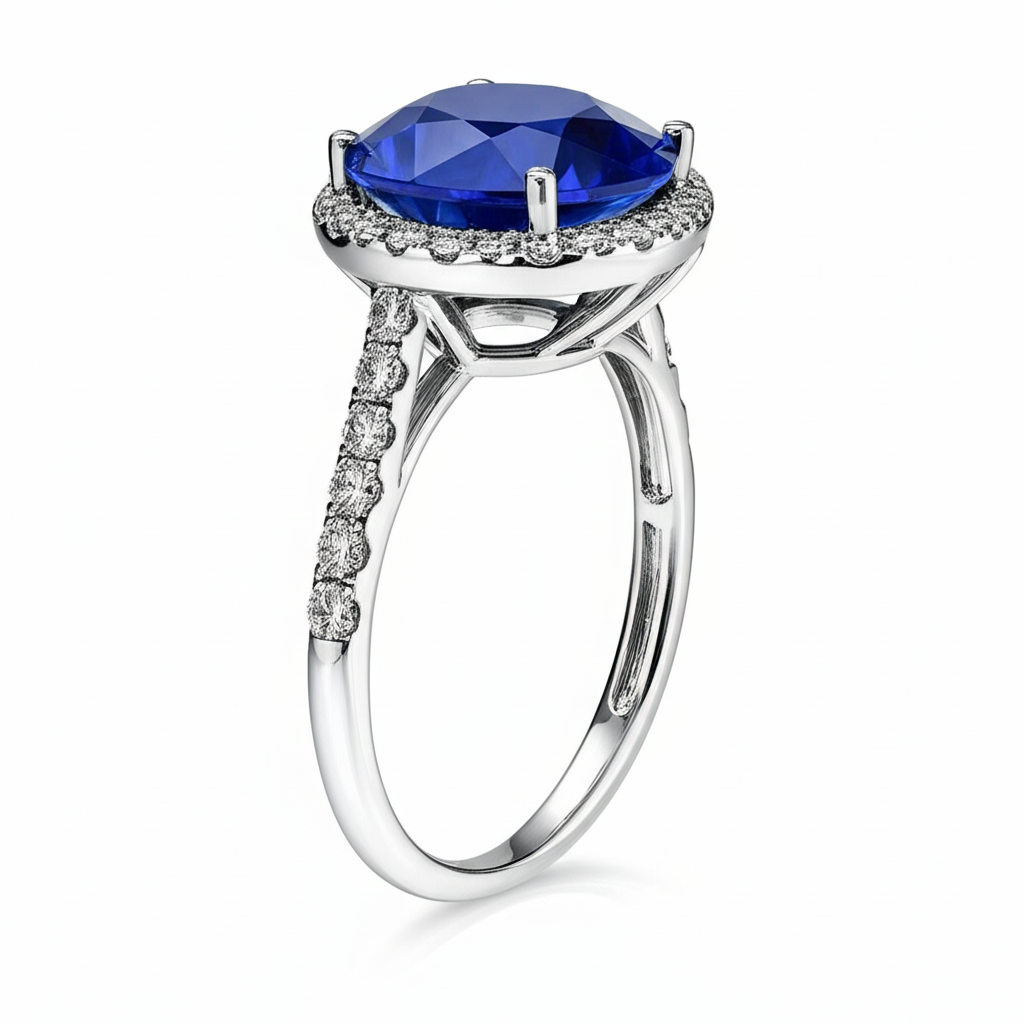 Oval Sapphire Engagement Ring With Natural Earth Mined Diamond ( Not Lab Grown ) Halo