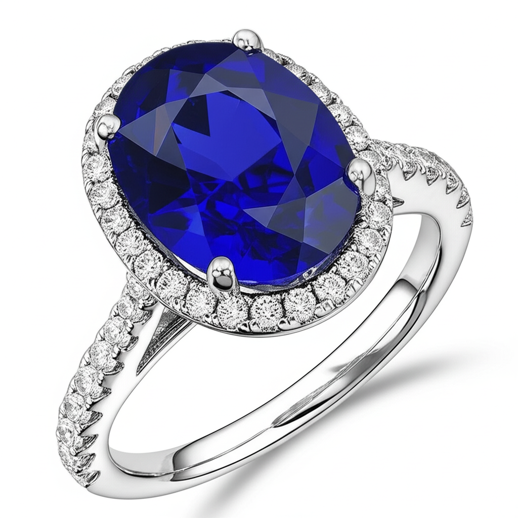 Oval Sapphire Engagement Ring With Natural Earth Mined Diamond ( Not Lab Grown ) Halo