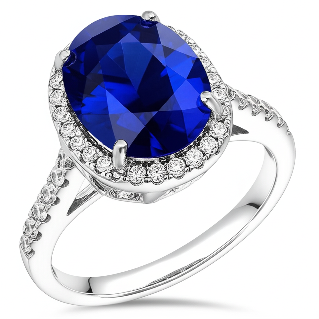 Oval Sapphire Engagement Ring With Natural Earth Mined Diamond ( Not Lab Grown ) Halo